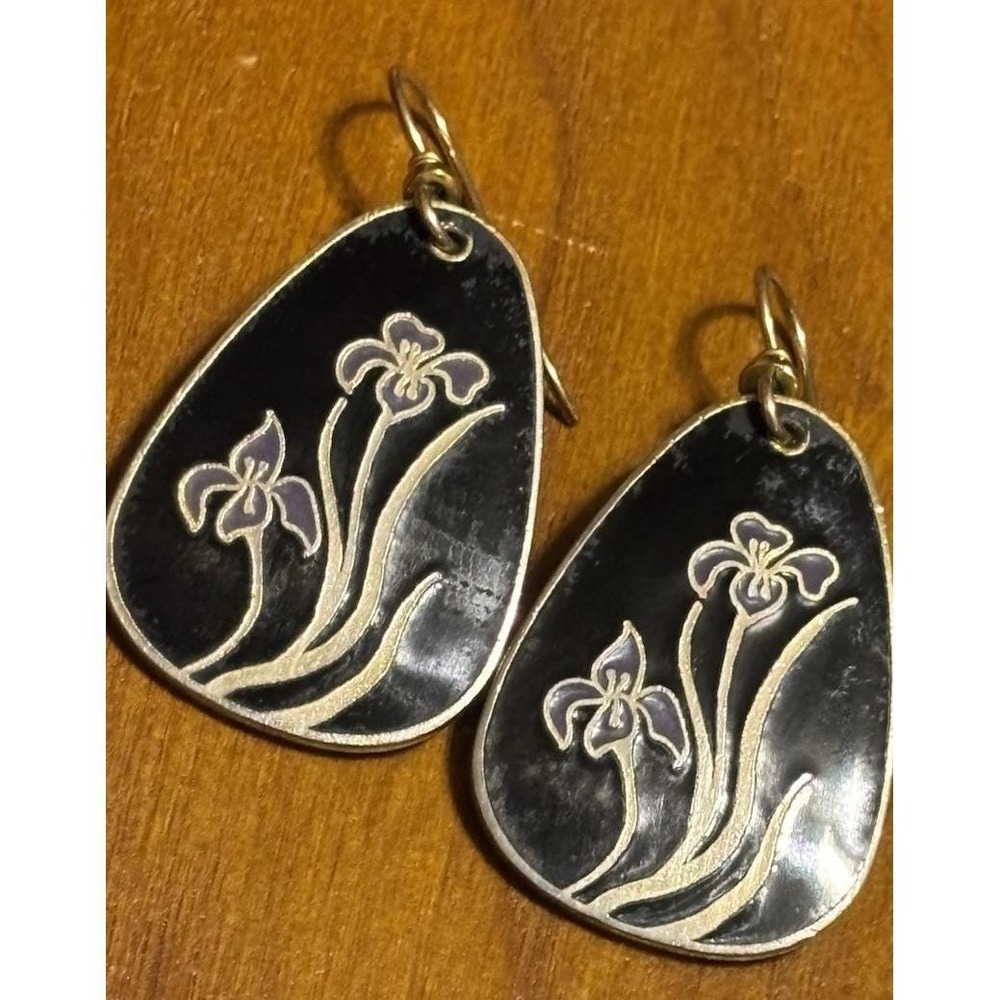 Vintage Laurel Burch Floral Flower Enamel Earrings Wildflowers Wild Iris